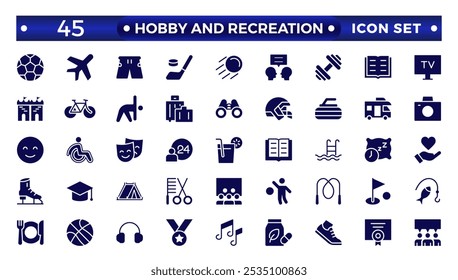 Hobby and recreation solid icons collection. Hobbies for children and adults at home and outdoors. Sports, diving, dancing, reading, drawing, music and singing, collecting, chess, astronomy.