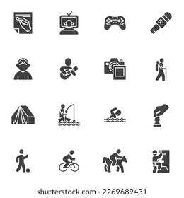 Hobby and recreation vector icons set, modern solid symbol collection, filled style pictogram pack. Signs, logo illustration. Set includes icons as hiking, camping, sport, gaming, fishing, playing