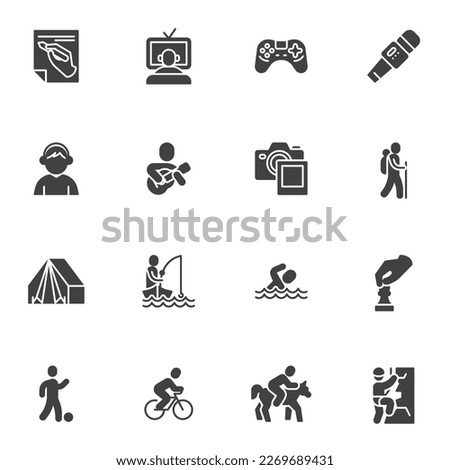 Hobby and recreation vector icons set, modern solid symbol collection, filled style pictogram pack. Signs, logo illustration. Set includes icons as hiking, camping, sport, gaming, fishing, playing