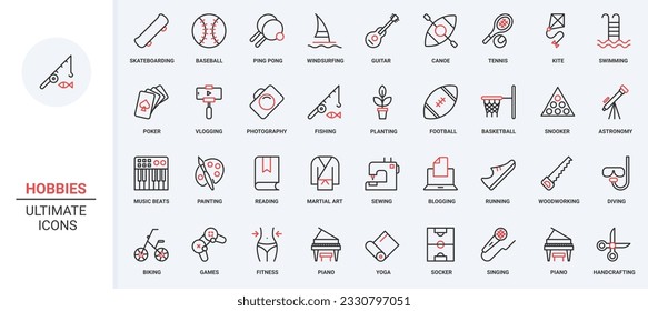 Hobby red black thin line icons set vector illustration. Weekend leisure and sport game symbols with music art and sport, reading and skateboarding, swimming and fishing, photography and vlogging.