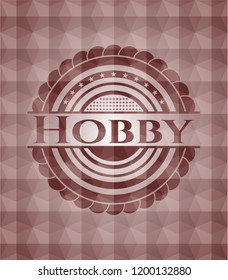 Hobby red seamless emblem or badge with abstract geometric polygonal pattern background.