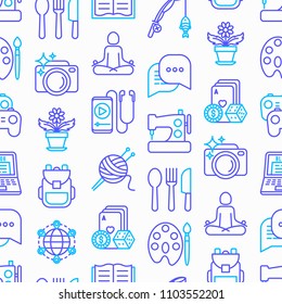 Hobby seamless pattern with thin line icons: reading, gaming, gardening, photography, cooking, sewing, fishing, hiking, yoga, music, blogging, knitting. Modern vector illustration, web page template.