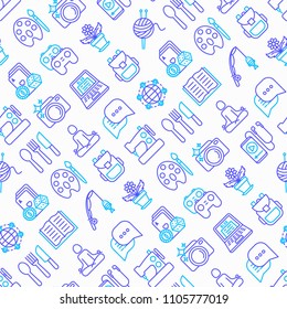 Hobby seamless pattern with thin line icons: reading, gaming, gardening, photography, cooking, sewing, fishing, hiking, yoga, music, travelling, blogging. Vector illustration, web page template.