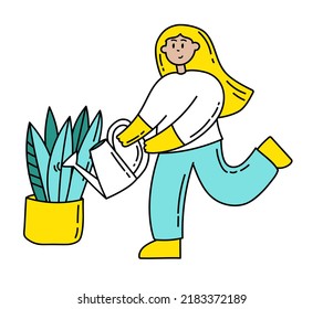 Hobby and self-care concept.Woman watering house plant. Gardening hobby. Urban jungle illustration. Wellness philosophy