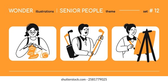 Hobby for senior people - line design style illustration