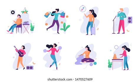 Hobby set. Collection of people and creative activity. Musician singing and playing guitar, woman sewing and baking. Artistic person. Isolated vector illustration in flat style