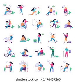 Hobby set. Collection of people and creative activity. Musician singing and playing guitar, woman sewing and baking. Artistic person. Isolated vector illustration in flat style