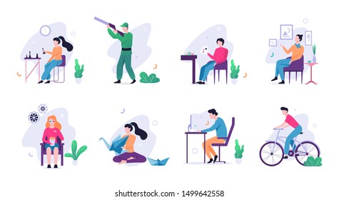 Hobby set. Collection of people and creative activity. Artistic person. Sport and art, poker and chess. Isolated vector illustration in flat style