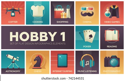 Hobby - conjunto de elementos de infografía de diseño plano. Copter, cocina, tiendas, cine, videojuegos, póquer, lectura, astronomía, ajedrez, Internet surf, música, fotografía