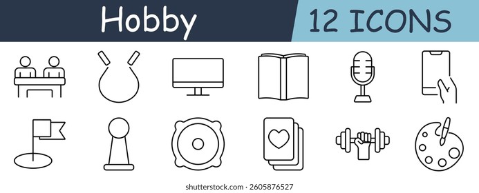 Hobby set icon. Board game, dropper, screen, book, microphone, phone, flag, pawn, speaker, card, dumbbell, palette