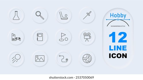 Hobby set icon. Flask, magnifying glass, hockey stick, fencing sword, game controller, notebook, golf flag, camera, sun, landscape, location, volleyball