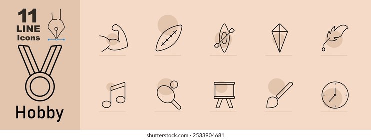 Icono de conjunto de pasatiempos. Brazo flexionado, pelota de rugby, kayak, cometa, pluma con tinta, nota musical, paleta de ping pong, caballete, pincel, reloj.