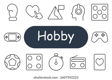 Hobby set icon. Glove, heart, tent, headphone, board game, console, ball, lego, timer, radio, card, music, fitness, sport, puzzle, outdoor, digital.