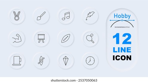 Hobby set icon. Medal, paintbrush, music note, feather, flexed arm, easel, football, ping pong paddle, coffee mug, kite, kayak, clock