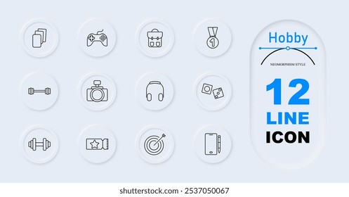 Hobby set icon. Playing cards, game controller, backpack, medal, dumbbells, camera, headphones, dice, target, smartphone, fitness