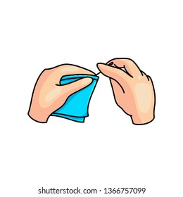 Hobby sewing a blue textile material in kid hands