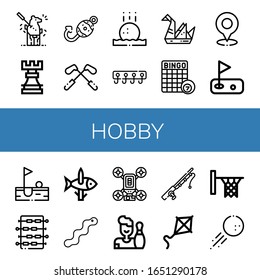 hobby simple icons set. Contains such icons as Carving, Rook, Fish hook, Golf, Golf ball, Hooks, Origami, Bingo, Foosball, Fishing, Worm, can be used for web, mobile and logo