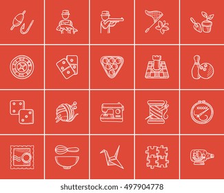 Hobby sketch icon set for web, mobile and infographics. Hand drawn hobby icon set. Hobby vector icon set. Hobby icon set isolated on red background.