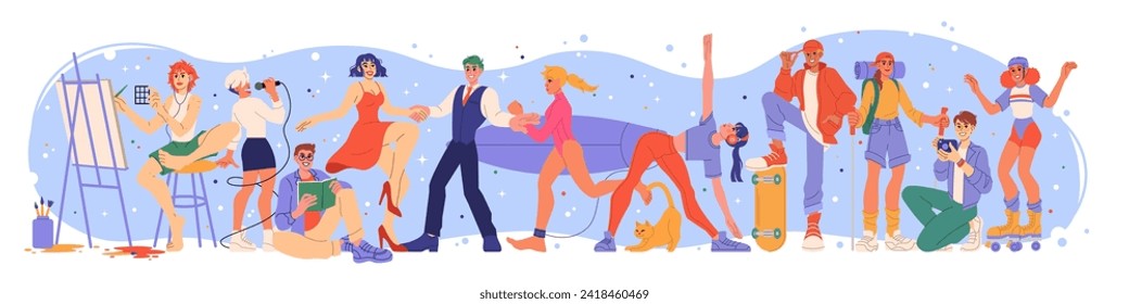 Hobby and sport. Creative woman and man. Active leisure. People group. Artist painting picture. Photographers craft. Happy musician. Art passion. Fitness training. Persons entertainment vector set