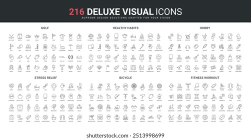 Hobby and sport games, golf player tools and course, stress relief for mental health line icon set. Healthy habits and activity, gym workout, shopping thin black outline symbols vector illustration