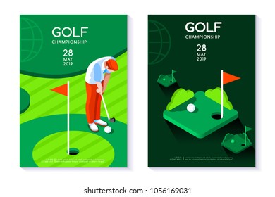 Hobby sport golf poster template with hole and green for circle tournament. Vector design in modern style. Isometric flat illustration.