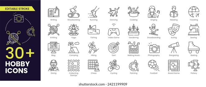 Hobby Stroke icon set. Containing painting, photography, acting, traveling, hiking, yoga, dancing, cooking, fishing, making music and more. Editable Outline icon collection.