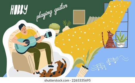 Hobby-Themencollage, Freizeit, Mann, der auf dem Sessel sitzt und Gitarre spielt, Ukulele, Katzenschnecken auf seiner Wange, Haustiere, Vektorgrafik.