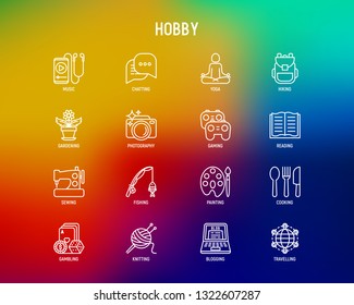 Hobby thin line icons set: reading, gaming, gardening, photography, cooking, sewing, fishing, hiking, yoga, music, travelling, blogging, knitting. Modern vector illustration.