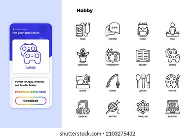 Hobby thin line icons set: reading, gaming, gardening, photography, cooking, sewing, fishing, hiking, yoga, music, travelling, blogging, knitting. Modern vector illustration.