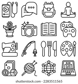 Juego de iconos de línea delgada de aficionados: lectura, juegos, jardinería, fotografía, cocina, costura, pesca, caminatas, yoga, música, viajes, blogueo, tejido. Ilustración vectorial moderna.
