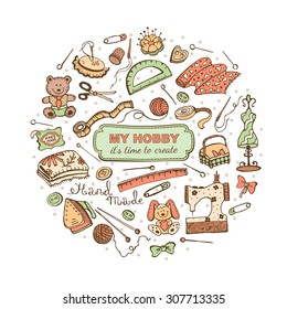 Hobby time. Circle from hand made tools. Doodle illustration. Craft items isolated on white background. 