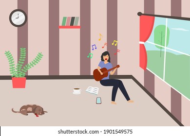 Hobby vector concept: Young woman playing guitar and singing a song while sitting on the floor