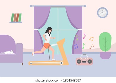 Hobby vector concept: Young woman doing workout on treadmill at home while listening the music 