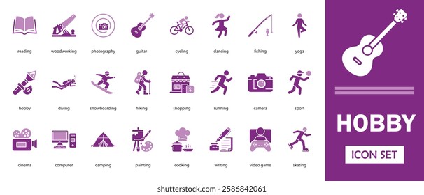 Hobby vector icon set. with camera, cinema, guitar, fishing, yoga and more solid icon collection