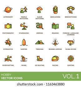 Hobby vector icons. Astronomy, geocaching, photography, stargazing, herping, reading, foreign language learning, gymnastics, surfing, trekking, bungee jumping, scuba, rafting, ice skating, racing.