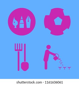 hobby vector icons set. with drawing painting tools, person watering can, football ball and spade pitchfork in set