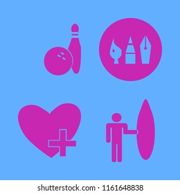 hobby vector icons set. with favorites, drawing painting tools, bowling ball pin and surfer with board in set