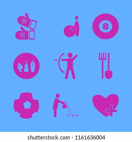 hobby vector icons set. with mittens, football ball, favorites and bowling ball pin in set