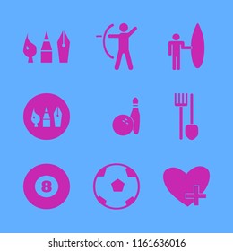 hobby vector icons set. with spade pitchfork, soccer ball, favorites and billiard ball in set