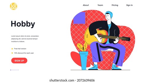 Hobby web banner concept. Man is learning to play guitar. Young guy playing musical instrument. Entertainment and leisure landing page template. Vector illustration with people scene in flat design