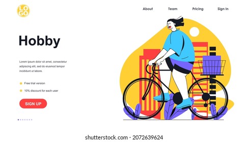 Hobby web banner concept. Smiling woman is riding bicycle. Happy girl cycling bike. Entertainment and leisure outdoor, landing page template. Vector illustration with people scene in flat design