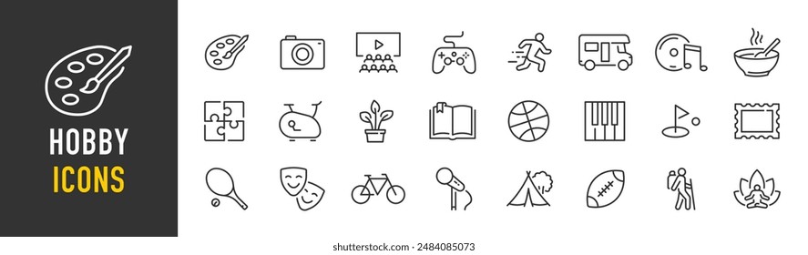 Hobby web icons in line style. Sports, music, dancing, yoga, artificial cooking, travelling, gardening. Vector illustration.