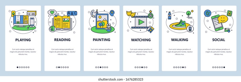 Hobby web site and mobile app onboarding screens. Menu banner vector template for website and application development. Playing video games, watching tv, movie, reading books hobbies. Thin line art.