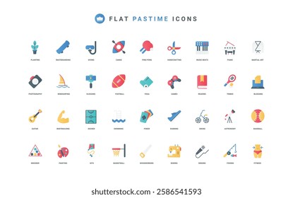 Hobby, weekend leisure and sport game, music and photography color icon set. Craft tools supplies and equipment for activities and entertainment, idea of vacation flat elements vector illustration