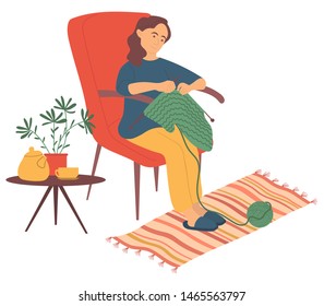 Hobby of woman sitting at home in armchair vector, isolated character with needles and threads. Knitting lady on chair, pastime of person, leisure interest. Flat cartoon