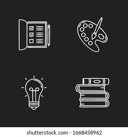 Iconos blancos de barrena y tiza de trabajo sobre fondo negro. Abra el bloc de notas. Casillas de verificación de la lista. Paleta artística con pincel. Pila de libros. Artesanía creativa. Ilustraciones de pizarra vectorial aislada