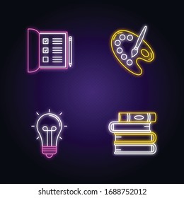 Hobby and work neon light icons set. Checkboxes in list. Artist palette with paint brush. Glowing lightbulb. Creative craft. Signs with outer glowing effect. Vector isolated RGB color illustrationss