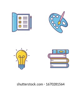 Hobby and work RGB color icons set. Open notebook. Checkboxes in list. Artist palette with paint brush. Glowing lightbulb. Stack of books. Creative craft. Isolated vector illustrations