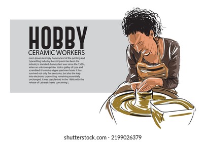 Hobby,female potter working on pottery wheel vector Drawing Art.