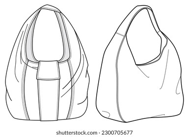 Hobo bolsa de boceto plano ilustración de la moda maqueta maqueta maquillaje maqueta arriba, dibujo de la cad de la bolsa de hombro. Vector de esbozo plano de la bolsa de transporte